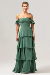 Eucalyptus A Line Off The Shoulder Tiered Long Bridesmaid Dress