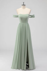 Sage Green A Line Off The Shoulder Ruched Chiffon Long Bridesmaid Dress with Slit
