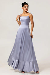 Dusty Blue A Line Spaghetti Straps Satin Long Bridesmaid Dress with Lace Up Back