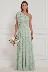 One Shoulder Dusty Sage Floral A Line Long Bridesmaid Dress