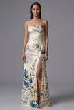Floral Printed Ivory Ruched Long Formal Dress with Slit