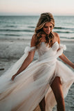 Beach Pleated Tulle Off The Shoulder A Line Wedding Dresses With Slit