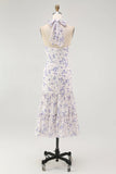 Blue Floral Halter Neck A Line Tiered Chiffon Midi Dress