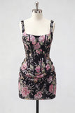 Black Corset Bodycon Sequin Floral Short Homecoming Dress