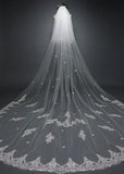 White Cathedral Veil with Blusher Lace Applique Long Wedding Veil