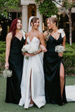 Black V Neck Mermaid Spaghetti Straps Satin Long Bridesmaid Dress with Bow