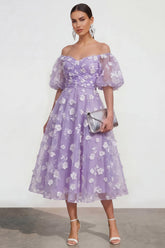 Off the Shoulder Floral Lilac Ruched A Line Wedding Guest Dress