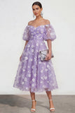 Off the Shoulder Floral Lilac Ruched A Line Wedding Guest Dress
