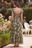 Green Flower A Line Square Neck Wedding Guest Dress with Slit