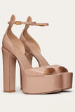Black High Block Heel Platform Open Toe Chunky Sandals with Ankle Strap