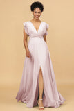 A Line V Neck Floor Length Chiffon Bridesmaid Dress with Slit