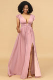 Blush A Line V Neck Long Chiffon Bridesmaid Dress with Slit