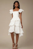 Ivory A Line Tiered Square Neck Lace Knee Length Graduation Dress