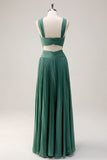 Eucalyptus A Line Hollow Out Pleated Floor Length Bridesmaid Dress with Slit