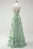 Green Floral A Line Cowl Neck Corset Long Bridesmaid Dress with Ruffle Slit