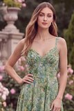 Floral Printed Sage A Line Ruffled Midi Wedding Guest Dress