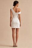 Bodycon Asymmetrical Neck Ruched Little White Dress
