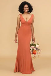 Mermaid V neck Open Back Long Chiffon Bridesmaid Dress With Ruffles