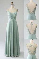 Matcha A Line Spaghetti Straps Pleated Chiffon Floor Length Bridesmaid Dress
