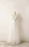 A Line Tulle Lace V Neck Wedding Dress With Sweep Train