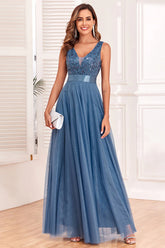Sparkly Blue A Line V Neck Mother of the Bride Dress