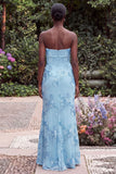 Strapless Blue Mermaid Floral Embroidery Wedding Guest Dress