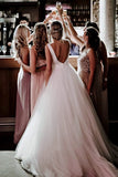 Sleeveless Deep V back Ethereal Ballgown With Bow And Tulle Wedding Dress