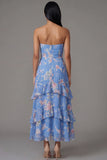 Floral Blue Strapless Tiered A Line Wedding Guest Dress