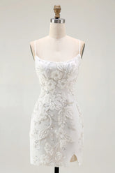 Bodycon White Spaghetti Straps Homecoming Dress with 3D Flowers