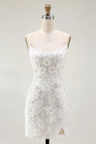 Bodycon White Spaghetti Straps Homecoming Dress with 3D Flowers