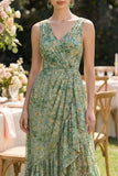 Ruffled Dusty Green Floral V Neck Asymmetrical Wedding Guest Dress