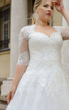 Simple Ball Gown Floor length Half Sleeve Lace Queen Anne Wedding Dress with Appliques