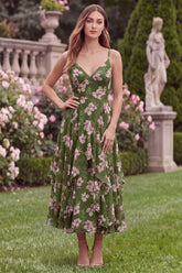 Floral A Line Spaghetti Straps Ruffled Green Wedding Guest Dress