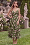 Floral A Line Spaghetti Straps Ruffled Green Wedding Guest Dress