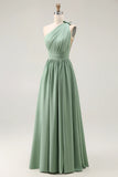 Green A Line One Shoulder Ruched Chiffon Long Bridesmaid Dress with Slit