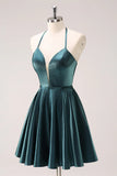 Peacock Blue A Line Halter Short Homecoming Dress with Lace Up Back