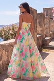 Strapless A Line Daffodil Pink Flower Maxi Dress