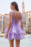 Cute Lilac A Line Pearl Tiered Short Homecoming Dress with Lace Up Back