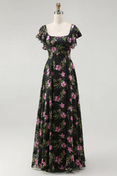 Black Pink Flower A Line Square Neck Printed Long Bridesmaid Dress with Flutter Sleeves