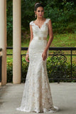 Classic Mermaid V Neck White Lace Backless Wedding Bridal Dress