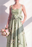 Printed Floral A Line Square Neck Sage Green Bridesmaid Dress with Pockets