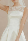 White Satin A Line Mini Bridal Shower Dress with Lace
