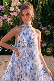Blue Floral A Line Halter Pleated Wedding Guest Dress
