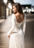 Vintage Floral Boho Lace Wedding Dress with Sleeves Modest Boat Neck Low V Back Princess Bridal Gown