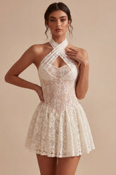 Ivory Halter A Line Lace Short Bridal Shower Dress