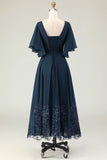 Navy A Line Embroidered Chiffon V Neck Chiffon Mother Dress with Rhinestones