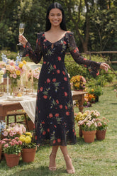 Black Floral Ruffled A Line Midi Wedding Guest Dress with Long Sleeves