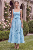 Sage Floral A Line Embroidery Square Neck Wedding Guest Dress with Bow
