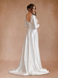 Vintage Satin A Line Bateau Neckline Long Sleeves Bridal Gown Wedding Dresses