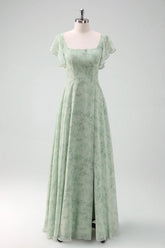 Dusty Sage A Line Square Neck Floor Length Print Bridesmaid Dress with Slit